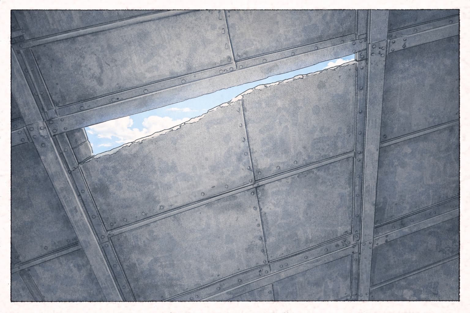 Crack in ceiling showing sky