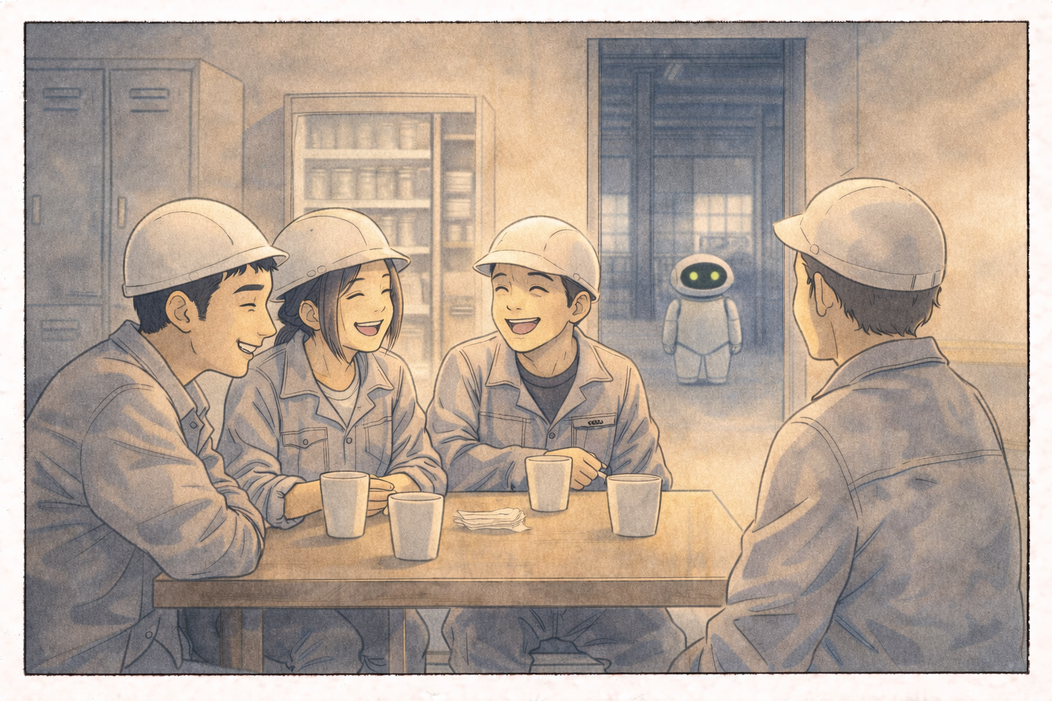 Workers laughing, Zero watching