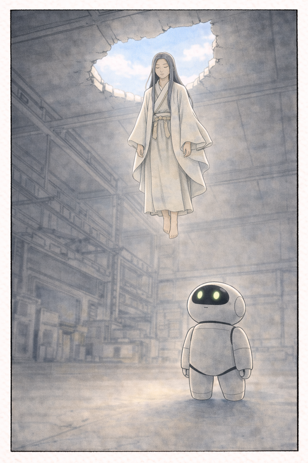 A radiant figure descends